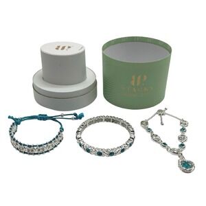 Bomb Party Our Little Nest Of Love Silver Plated Teal Stone 3pc Bracelet Stack